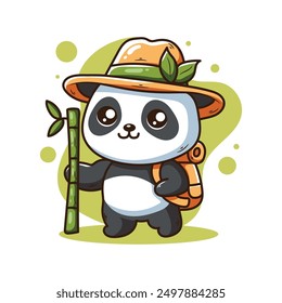 Cute panda bear in safari hat and bamboo. Vector illustration.