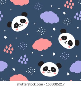 Cute panda bear seamless pattern. Clouds, rain drops, stars. Vector 
