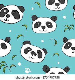 Cute Panda bear Seamless pattern. Cute Animals doodle, Hand drawn Cartoon Vector illustration.