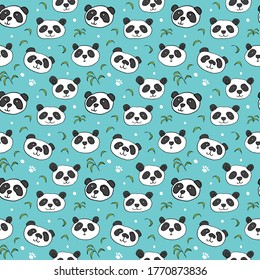 Cute Panda bear Seamless pattern. Cute Animals doodle, Hand drawn Cartoon Vector illustration.