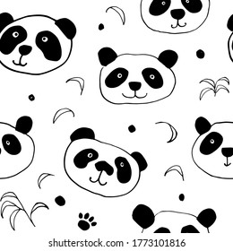 Cute Panda con un patrón de Seamless. Doodle de animales curados, ilustración del vector de dibujos a mano.