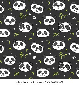 Cute Panda bear Seamless pattern. Cute Animals doodle, Hand drawn Cartoon Vector illustration.