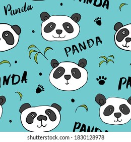 Cute Panda bear Seamless pattern. Cute Animals doodle, Hand drawn Cartoon Vector illustration.