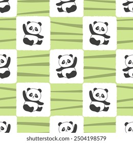 Cute panda bear seamless pattern. Vector checkered print