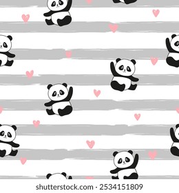 Lindo oso panda sin patrón. Estampado de rayas de Vector