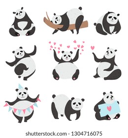 Cute Panda Bear Set, Funny Animal Character Panda in Different Poses Vector Illustration