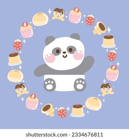 Cute panda bear sit in circle icon tiny frame cartoon hand drawn.Logo.Pastel color.Wild animal.Cake,strawberry,pudding,chocolate.Kawaii.Vector.Illustration.