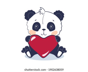 A cute panda bear sits and holds a big red heart. A cute animal or toy for Valentine s Day. Vector illustration for a baby shower on a white background, flat cartoon design
