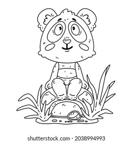 Cute panda bear sitting on the rock. Kawaii animal zoo vector. Vector illustration for coloring page.