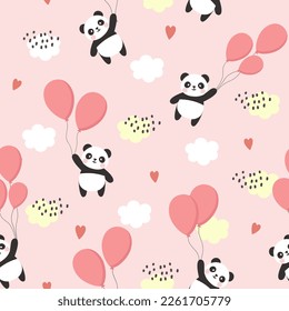 cute panda bear in the sky with bright balloons on a pastel pink seamless background. Kids vector pattern with kawaii animals.