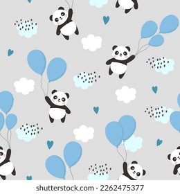 un lindo oso panda en el cielo con globos brillantes en un fondo gris neutro y sin costuras. Patrón vectorial infantil con animales kawaii.