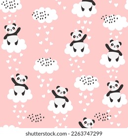 cute panda bear in the sky with clouds and hearts on a bright girly pink seamless background. Kids vector pattern with kawaii animals.