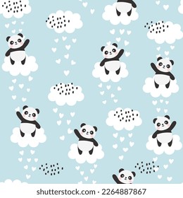 cute panda bear in the sky with clouds and hearts on a blue seamless background. Kids vector pattern with kawaii animals.