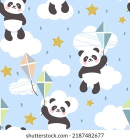 cute panda bear in the sky with colorful kite, woodland animals kids seamless pattern for wrapping paper, fabric and textile print