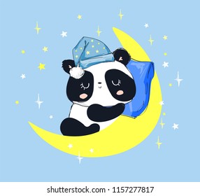 Cute Panda Bear Sleeping on the Moon. children's illustration.