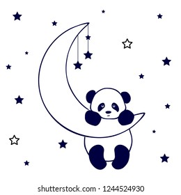 Cute Panda Bear Sleeping on the Moon. children's illustration. Linear design coloring