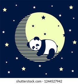 Cute Panda Bear Sleeping on the Moon. children's illustration.Cartoon vector illustration.