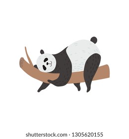 Cute Panda Bear Sleeping on Tree Branch, Happy Lovely Animal Character Vector Illustration