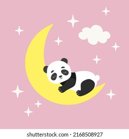 Un oso panda lindo durmiendo en la luna con estrellas. Diseño de carácter animal kawaii. Ilustración vectorial plana para sala de vivero, tarjetas de saludo, afiche, invitación