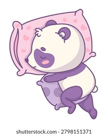 Cute Panda Bear Sleeping On Side And Hugging Soft Pillow. Vector Illustration Of Lazy Cartoon Kawaii Animal Rest With Comfortable Cushions