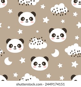 Cute panda bear with stars and clouds on a neutral brown color for baby boy and girl seamless pattern background, kids kawaii woodland animals fabric and textile print design.