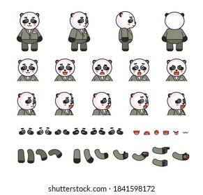 Cute panda bear in suit creation kit. Create your own action, animation. Vector illustration