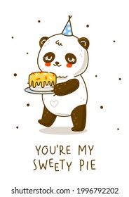 Cute Panda Bär mit süßem Kuchen einzeln auf Weiß - Cartoon-Charakter für fröhliches Geburtstagsdesign