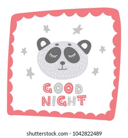 Cute panda bear in sweet frame with hand drawn lettering good night. Colorful isolated animal vector illustration for postcards, home decor and decorative prints