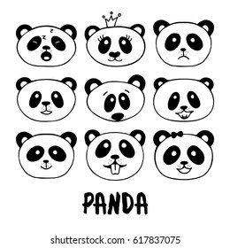 Cute Panda bear with various emotions.Set of hand drawn panda doodles. Black and white icons.