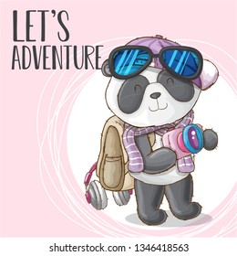 Cute Panda Bear  vector illustration. Animal vector. hand drawn panda traveler. Be Cool - Vector