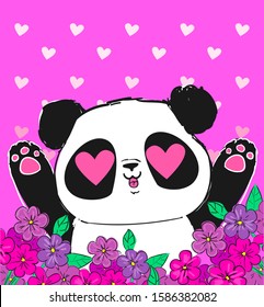 Cute Panda Bear, vector illustration. Animal vector. Hand drawn Panda with flowers. Card for Valentine's Day, Bouquet of flowers.