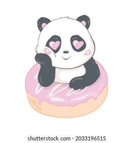 Cute Panda bear, vector illustration. Vector of animals. panda with a donut. Valentine's Day Greeting Card