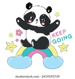 Cute Panda Bear, vector illustration. hand drawn panda with rainbow. Design print for t-shirt.