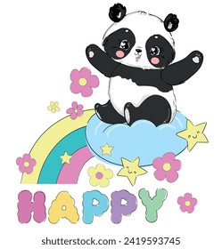 Cute Panda Bear, vector illustration. hand drawn panda with rainbow. Design print for t-shirt.