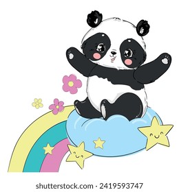 Cute Panda Bear, vector illustration. hand drawn panda with rainbow. Design print for t-shirt.