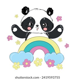 Cute Panda Bear, vector illustration. hand drawn panda with rainbow. Design print for t-shirt.