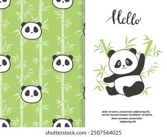 Linda Ilustración vectorial de oso panda. Patrón de bambú sin costuras. Set para niños