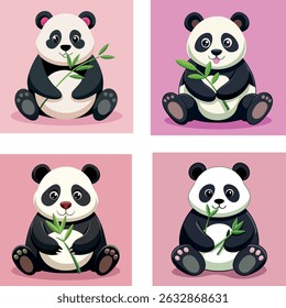 Conjunto de ilustração do vetor do urso panda bonito, ângulos diferentes e poses sentadas, comendo folhas de bambu