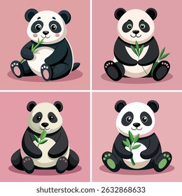 Conjunto de ilustração do vetor do urso panda bonito, ângulos diferentes e poses sentadas, comendo folhas de bambu