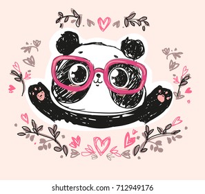 Cute Panda Bear, vector illustration. hand drawn panda with glasses, flowers frame.