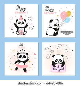 Cute Panda bear vector illustrations. Set of birthday greeting cards, posters, prints.