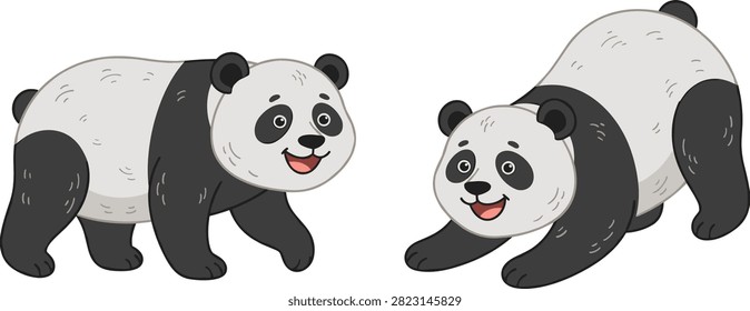 Cute panda bear vector set walking and stretching happily isolated on white background for children and wild animal designs