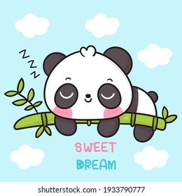 Cute Panda bear vector sleep on bamboo good night cartoon sweet dream: Kawaii animal zoo (girly doodle). Illustration vector on isolated white background. Perfect Nursery children, kids.