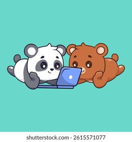 Cute Panda And Bear Watching On Laptop Cartoon Vector Icon Illustration. Animal Technology Icon Concept Isolated Premium Vector. Flat Cartoon Style