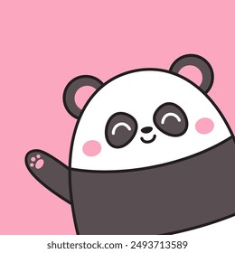 Cute panda bear waving hand. Kawaii cartoon character. Line contour silhouette. Funny head face. Pink cheeks. Happy Valentines Day. Baby greeting card template. Pink background. Flat design. Vector