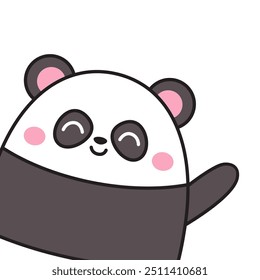 Lindo oso panda agitando la mano. Silueta de contorno de línea. Caricatura kawaii. Cara de cabeza graciosa. Mejillas rosadas. Feliz día de San Valentín. Plantilla de la tarjeta de felicitación del bebé. El fondo blanco. Diseño plano. Vector