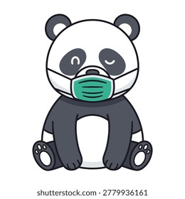 Cute panda bear wearing green medical face mask sitting alone, healthcare concept