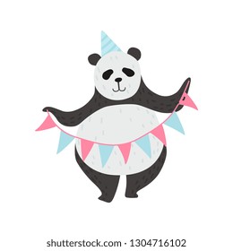 Cute Panda Bear Wearing Party Hat Holding Party Flags, Happy Lovely Animal Character Vector Illustration