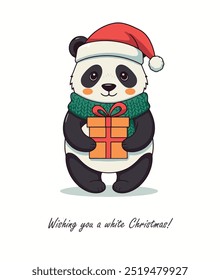 Cute panda bear wearing santa hat, holding christmas present. Merry christmas card. Vector illustrtion