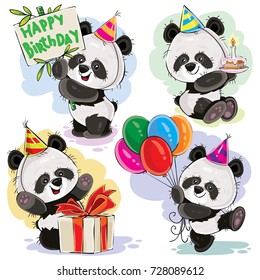 Bonitos ursos panda personagens de desenhos animados do bebê comemorando aniversário com bolo, balões e presente na caixa de ilustração vetorial conjunto isolado no fundo branco para cartão de saudação, convite para festa de aniversário